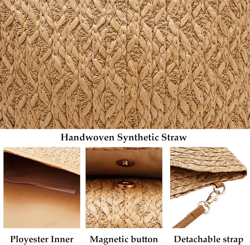 Gets Straw Clutch Purse for Women, Woven Beach Bag Summer Corssbody Purse Small Rattan Shoulder Bag for Travel | Hand-woven, Summer Beach, Envelope, Hand-woven, Summer Beach, Envelope - Image 5